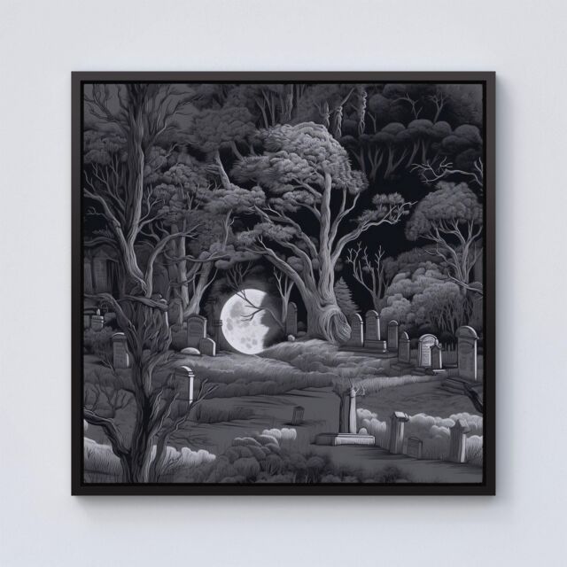Warren Reed - Designer Eerie Moonlit Cemetery Framed Canvas in Black - Size: w10 inch x h10 inch - image 1