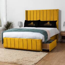 UK Bed Furniture Arizona Wingback Divan Bed with 54Inch Headboard & 2 Drawer Foot End in Mustard - Size: Double