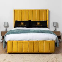 UK Bed Furniture Arizona Wingback Divan Bed with 54Inch Headboard & 2 Drawer Foot End in Mustard - Size: Double - thumbnail 2