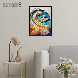 "Artery8 Rainbow Kirigami Surfer in Coastal Landscape Framed Canvas Wall Art Print - Size: W12"" x H16""" - thumbnail 3