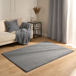 OHS Faux Fur Rug Ribbed Mat Luxury Carpet Anti Slip Runner in Grey - Size: 80 cm x 150 cm - thumbnail 1