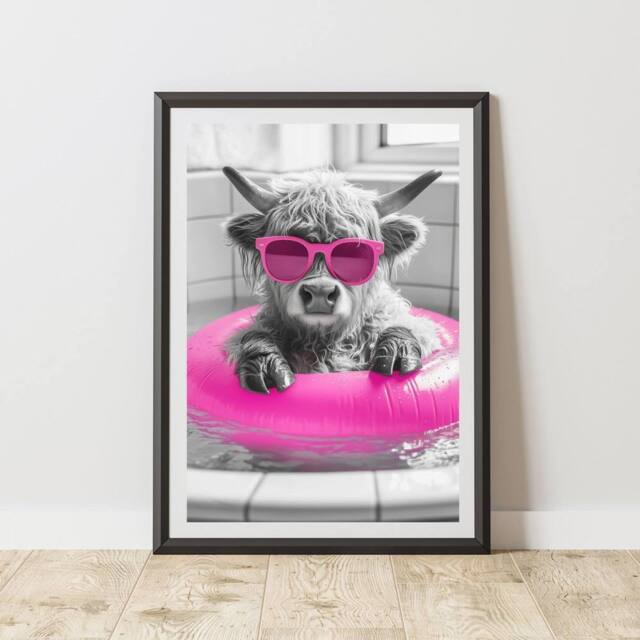 60 SECOND MAKEOVER Highland Cow Baby Pink Rubber Ring Quirky Animal Print - Size: A4 - image 1