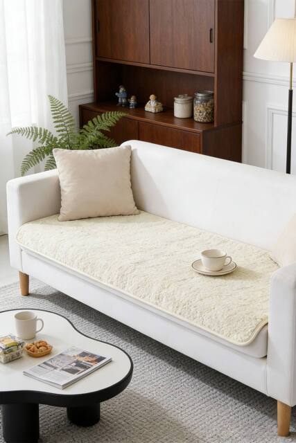 Garden Sanctuary Non-Slip Faux Plush Sofa Cover in Beige - image 1