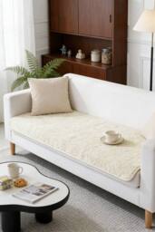 Garden Sanctuary Non-Slip Faux Plush Sofa Cover in Beige - thumbnail 1
