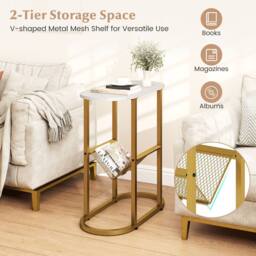 Costway 2-Tier Oval End Table Narrow Side Table w/Magazine Holder in White - thumbnail 4