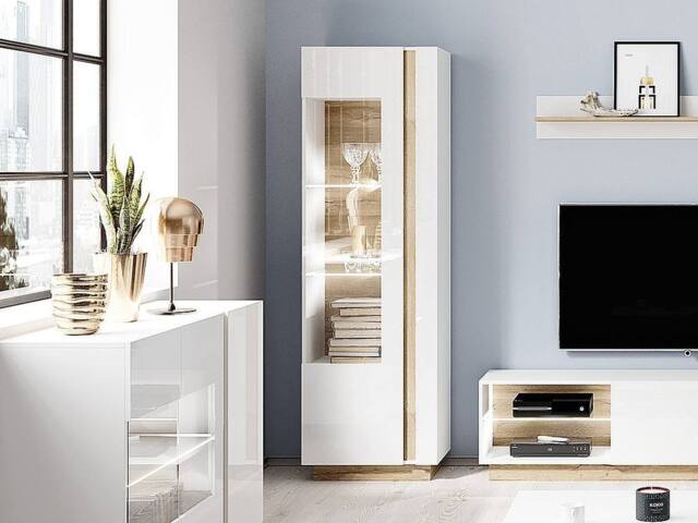 Vente-unique MURARI Display Cabinet - 1 Door - With Leds - Gloss White & Oak in Light Oak - image 1