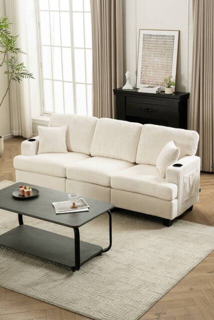 Living and Home 3-Seater Corduroy Upholstered Sofa with Throw Pillows in Beige - image 1