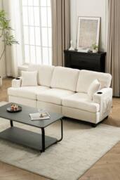 Living and Home 3-Seater Corduroy Upholstered Sofa with Throw Pillows in Beige - thumbnail 1