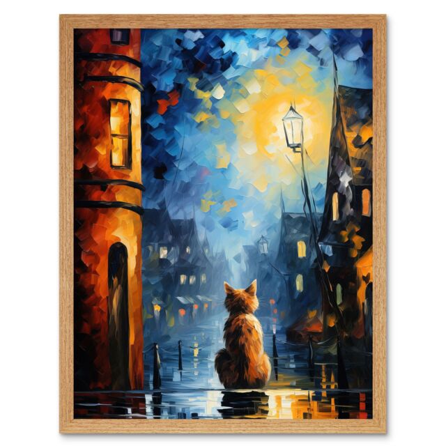 "Artery8 Wall Art Print A Street Cat Named Desire Palette Knife Oil Painting Ginger Cat Village Night Art Framed in Light Oak - Size: W12"" x H16""" - image 1