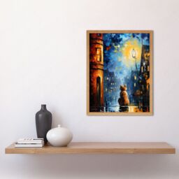 "Artery8 Wall Art Print A Street Cat Named Desire Palette Knife Oil Painting Ginger Cat Village Night Art Framed in Light Oak - Size: W12"" x H16""" - thumbnail 2