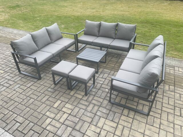 Fimous Aluminium 11 Seater Outdoor Garden Furniture Set Patio Lounge Sofa with Coffee Table 2 Small Footstools Conservatory Set Dark Grey - image 1