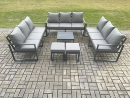 Fimous Aluminium 11 Seater Outdoor Garden Furniture Set Patio Lounge Sofa with Coffee Table 2 Small Footstools Conservatory Set Dark Grey - thumbnail 2