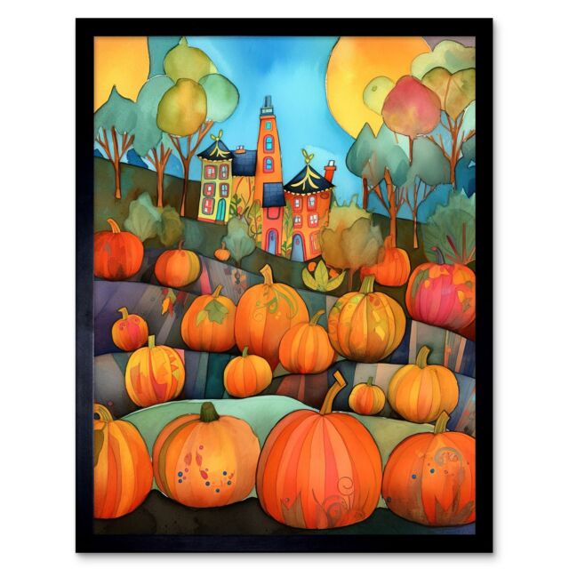 "Artery8 Wall Art Print Farm House Halloween Pumpkin Patch Modern Folk Art Watercolour Painting Art Framed in Black - Size: W12"" x H16""" - image 1
