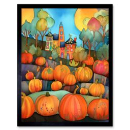 "Artery8 Wall Art Print Farm House Halloween Pumpkin Patch Modern Folk Art Watercolour Painting Art Framed in Black - Size: W12"" x H16""" - thumbnail 1