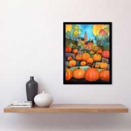 "Artery8 Wall Art Print Farm House Halloween Pumpkin Patch Modern Folk Art Watercolour Painting Art Framed in Black - Size: W12"" x H16""" - thumbnail 2