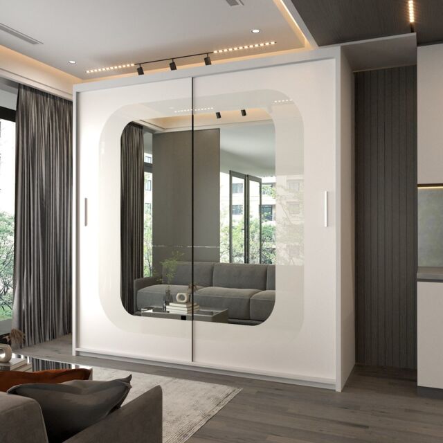 Sliding Wardrobes 4U Double Door Sliding Wardrobe With LED Light W203cm x H217cm x D62cm in White - image 1