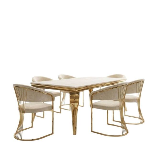 HOME LUXE INTERIOR 160cm Cream Marble & Gold Dining Table with 6 Porado Cream Chairs - image 1