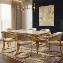 HOME LUXE INTERIOR 160cm Cream Marble & Gold Dining Table with 6 Porado Cream Chairs - thumbnail 3
