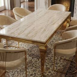 HOME LUXE INTERIOR 160cm Cream Marble & Gold Dining Table with 6 Porado Cream Chairs - thumbnail 6