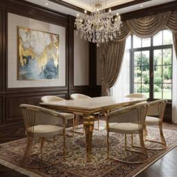 HOME LUXE INTERIOR 160cm Cream Marble & Gold Dining Table with 6 Porado Cream Chairs - thumbnail 2