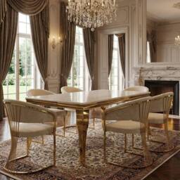 HOME LUXE INTERIOR 160cm Cream Marble & Gold Dining Table with 6 Porado Cream Chairs - thumbnail 4