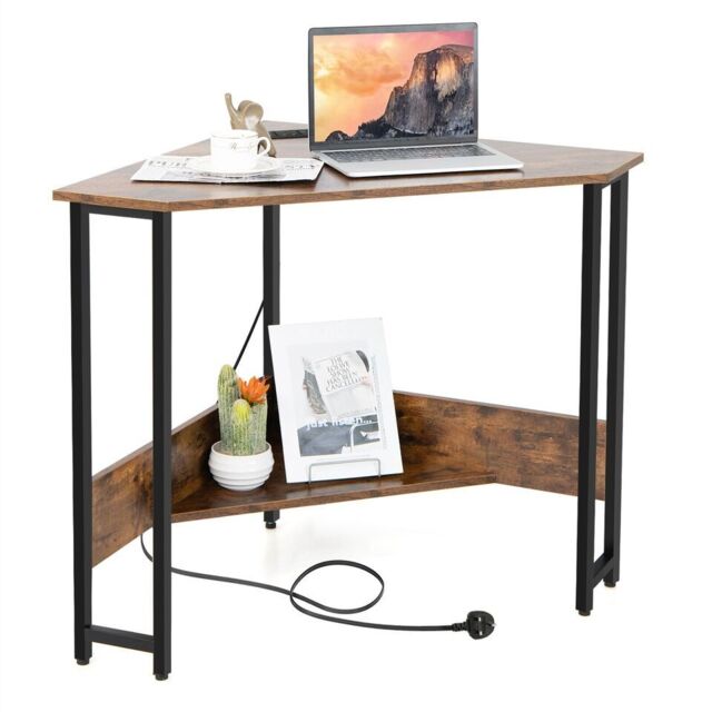 Costway Corner Desk 90-degree Triangle Computer Desk Laptop Desk w/Power Outlet in Brown - image 1