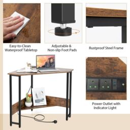 Costway Corner Desk 90-degree Triangle Computer Desk Laptop Desk w/Power Outlet in Brown - thumbnail 4