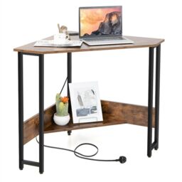 Costway Corner Desk 90-degree Triangle Computer Desk Laptop Desk w/Power Outlet in Brown