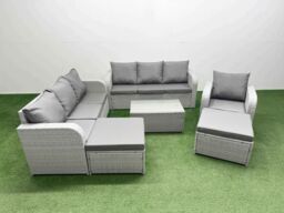 Fimous 9 Seater Poly Rattan Outdoor Garden Furniture Sofa Set Patio 3 Seater Sofa Reclining Chair 3 Seater Sofa 2 Big Footstools Light Grey - thumbnail 1