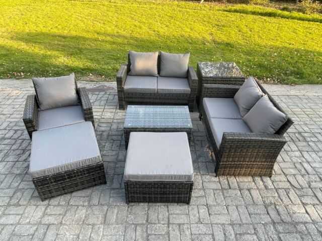 Fimous Rattan Garden Furniture Set 7 Seater Patio Outdoor Lounge Sofa Chair Set with Rectangular Coffee Table 2 Big Footstool Side Table in Dark Grey