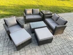 Fimous Rattan Garden Furniture Set 7 Seater Patio Outdoor Lounge Sofa Chair Set with Rectangular Coffee Table 2 Big Footstool Side Table in Dark Grey - thumbnail 2