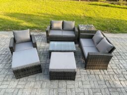 Fimous Rattan Garden Furniture Set 7 Seater Patio Outdoor Lounge Sofa Chair Set with Rectangular Coffee Table 2 Big Footstool Side Table in Dark Grey - thumbnail 1