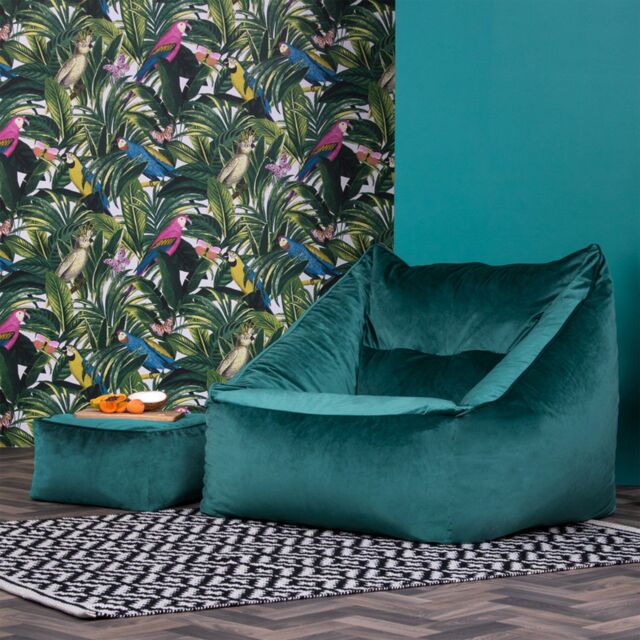 icon Natalia Velvet Adults Bean Bag Armchair & Pouffe, Large Beanbag & Footstool Olive Green in Teal - image 1