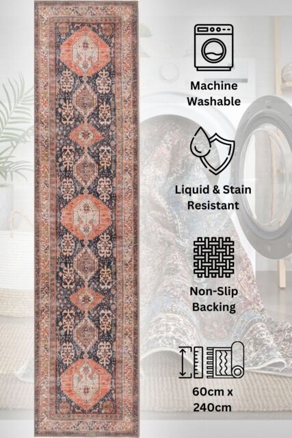 Kukoon Washable Runner Rug Navy Traditional Long Hallway Carpet Mat 80cm x 300cm in Terracotta - Size: 80 cm x 300 cm - image 1