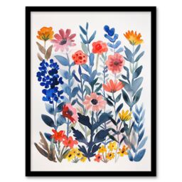 "Artery8 Garden Flowers in Spring Scandi Folk Watercolour Framed Wall Art - Size: W12"" x H16""" - thumbnail 1