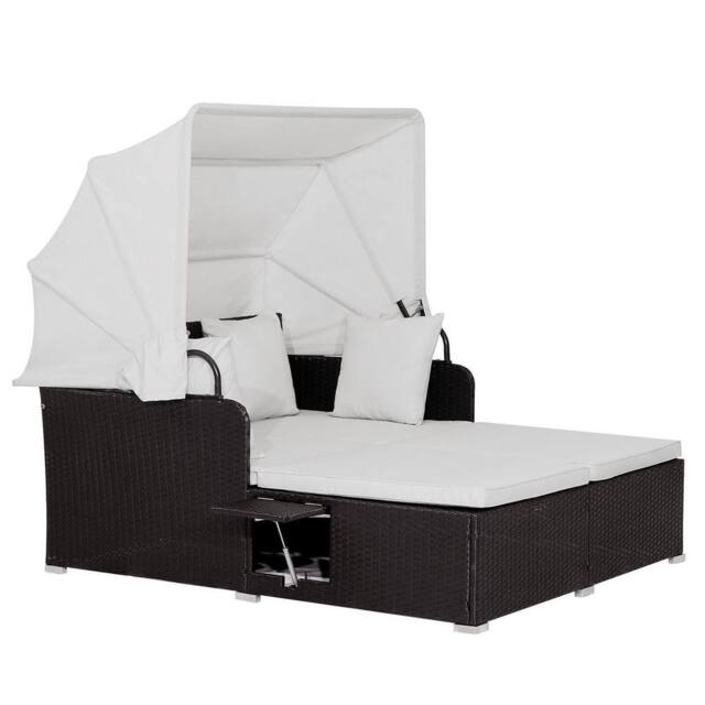 Costway Hand-Woven PE Wicker Daybed Patio Loveseat Sofa Set Retractable Canopy in White - image 1