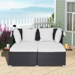 Costway Hand-Woven PE Wicker Daybed Patio Loveseat Sofa Set Retractable Canopy in White - thumbnail 4