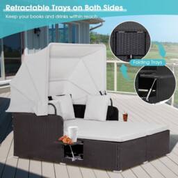 Costway Hand-Woven PE Wicker Daybed Patio Loveseat Sofa Set Retractable Canopy in White - thumbnail 5