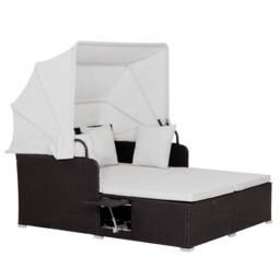 Costway Hand-Woven PE Wicker Daybed Patio Loveseat Sofa Set Retractable Canopy in White - thumbnail 1