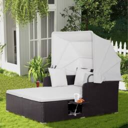 Costway Hand-Woven PE Wicker Daybed Patio Loveseat Sofa Set Retractable Canopy in White - thumbnail 3