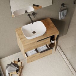 Banyetti Celtic Duo 800mm Wall Hung Vanity Unit with Door & Worktop - Ostippo Oak in Light Oak - thumbnail 8