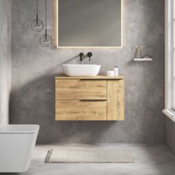 Banyetti Celtic Duo 800mm Wall Hung Vanity Unit with Door & Worktop - Ostippo Oak in Light Oak