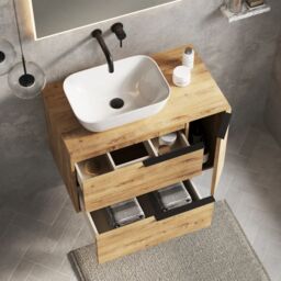 Banyetti Celtic Duo 800mm Wall Hung Vanity Unit with Door & Worktop - Ostippo Oak in Light Oak - thumbnail 4