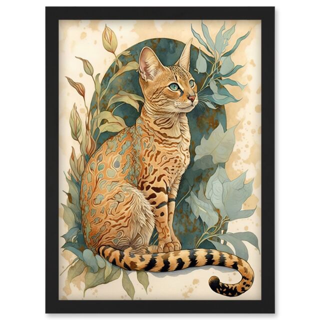 Artery8 Ocicat Cat with Teal Rosette Pattern Fur & Leafy Plants Watercolour Illustration Artwork Framed Wall Art Print A4 in Black - image 1