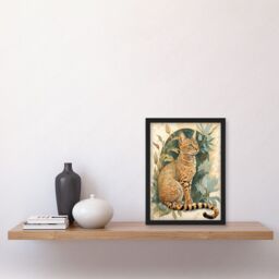 Artery8 Ocicat Cat with Teal Rosette Pattern Fur & Leafy Plants Watercolour Illustration Artwork Framed Wall Art Print A4 in Black - thumbnail 2