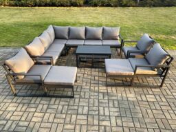 Fimous 13 Seater Aluminium Outdoor Garden Furniture Set Patio Lounge Sofa with Oblong Coffee Table Chair 2 Small Footstools 2 Big Footstools - thumbnail 2