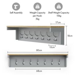 VonHaus Ash Hall Wall Mounted 7 Coat Hooks with Shelf in Grey - Size: 1 Pack - thumbnail 8