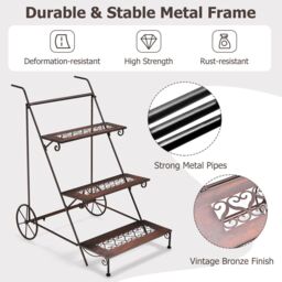Costway 3-Tier Metal Plant Stand Ladder Shaped Flower Pot Holder Storage Rack w/ Wheels - thumbnail 4