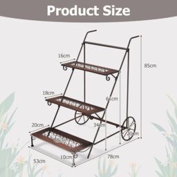 Costway 3-Tier Metal Plant Stand Ladder Shaped Flower Pot Holder Storage Rack w/ Wheels - thumbnail 2