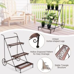 Costway 3-Tier Metal Plant Stand Ladder Shaped Flower Pot Holder Storage Rack w/ Wheels - thumbnail 5